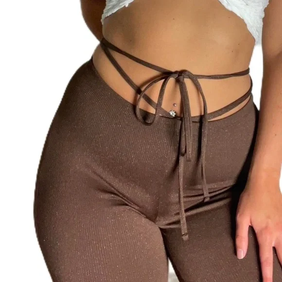 H&M Brown Shimmer Flare Pants With Waist Wrap String - XS - Picture 2 of 6